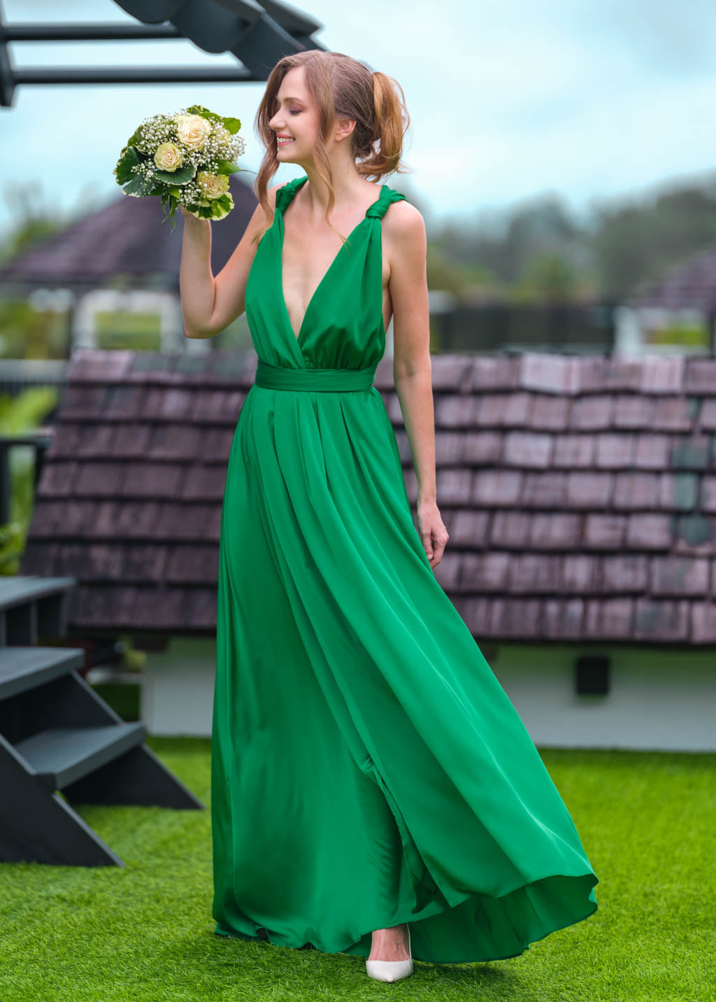 Green infinity slit long dress
