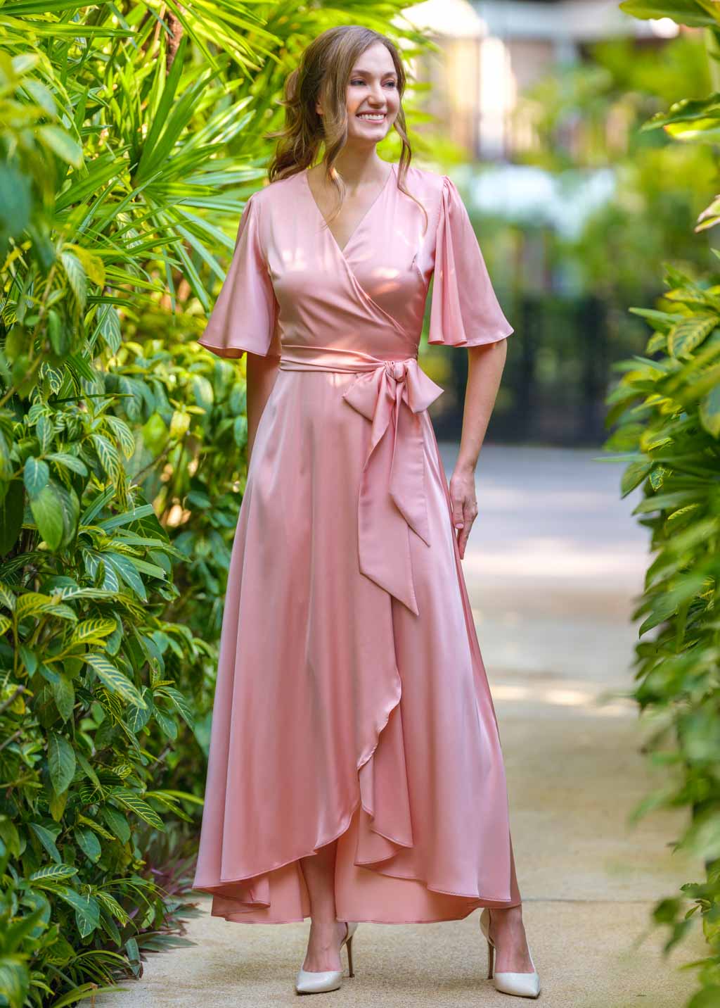 Blush pink silk long wrap dress