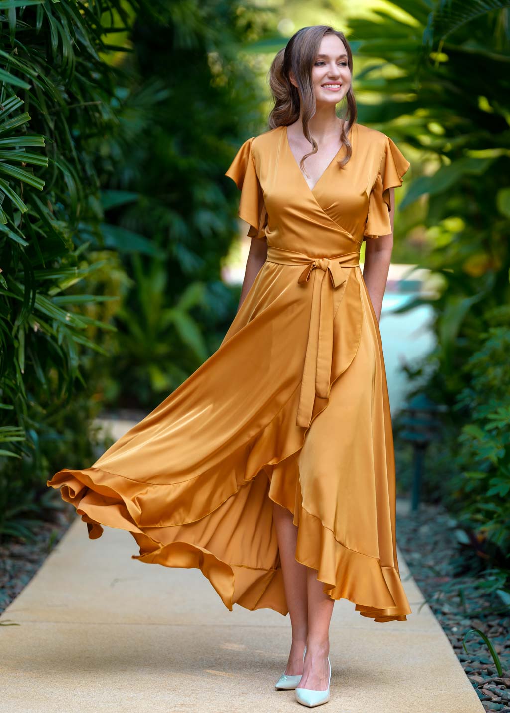 Gold wrap silk dress