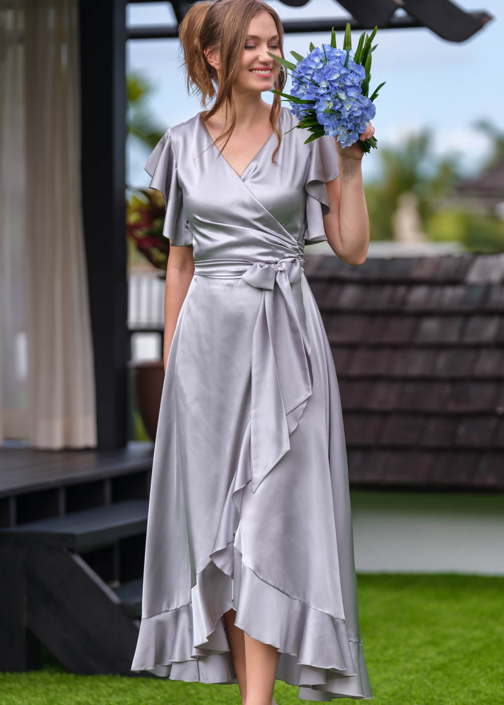 Silver Grey wrap silk dress