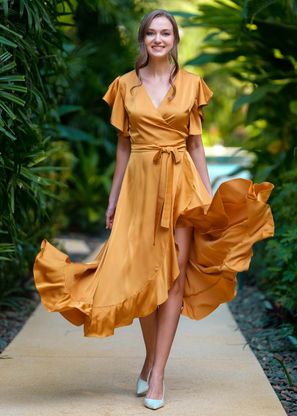 Gold wrap silk dress