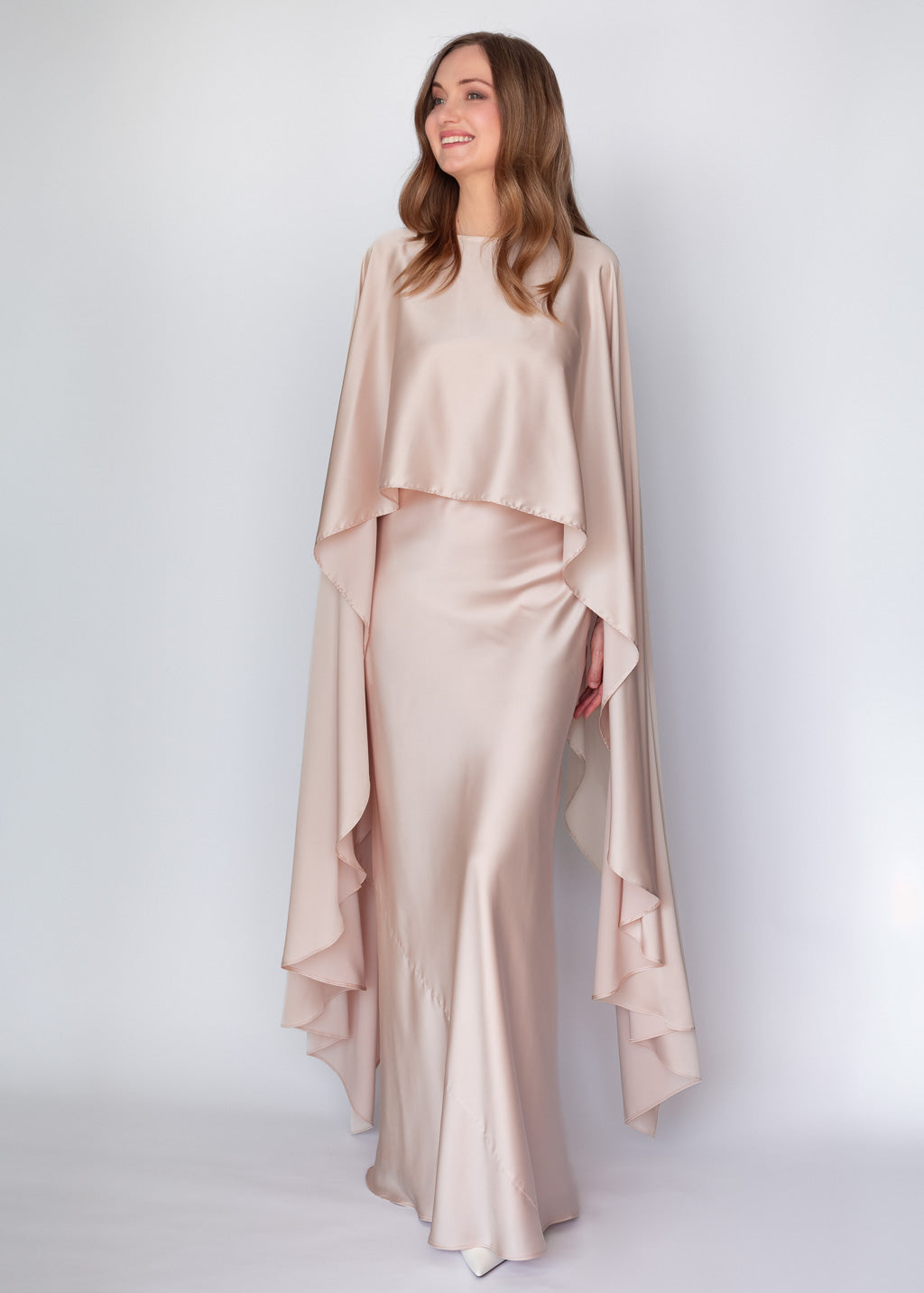 Light Champagne Silk Dress & Detachable Cape