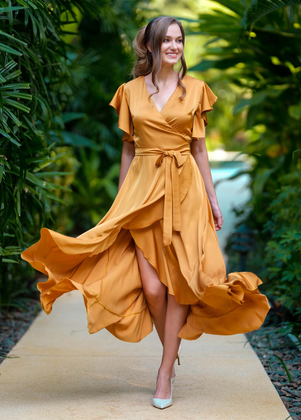 Gold wrap silk dress