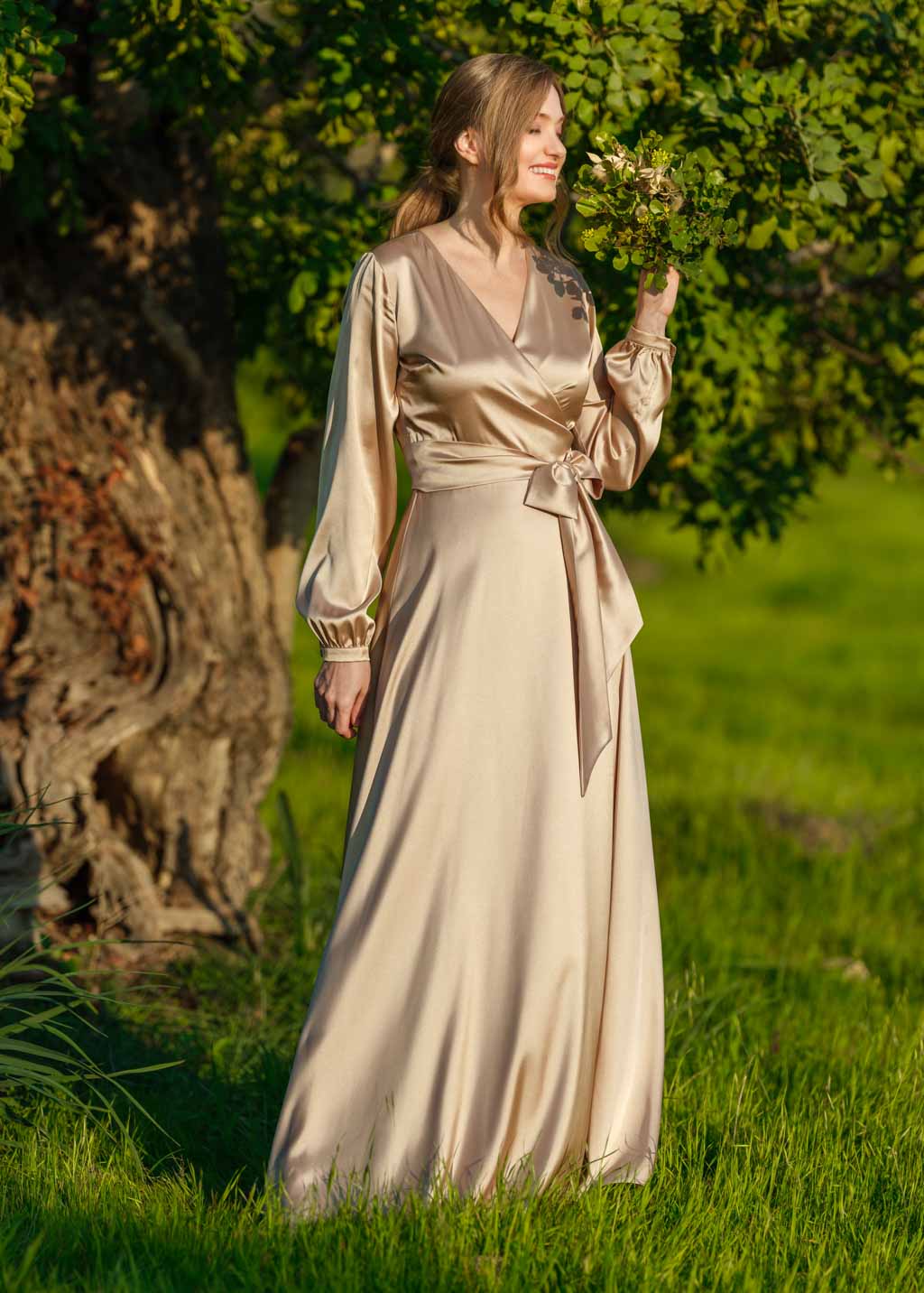 Champagne gold long silk wrap dress