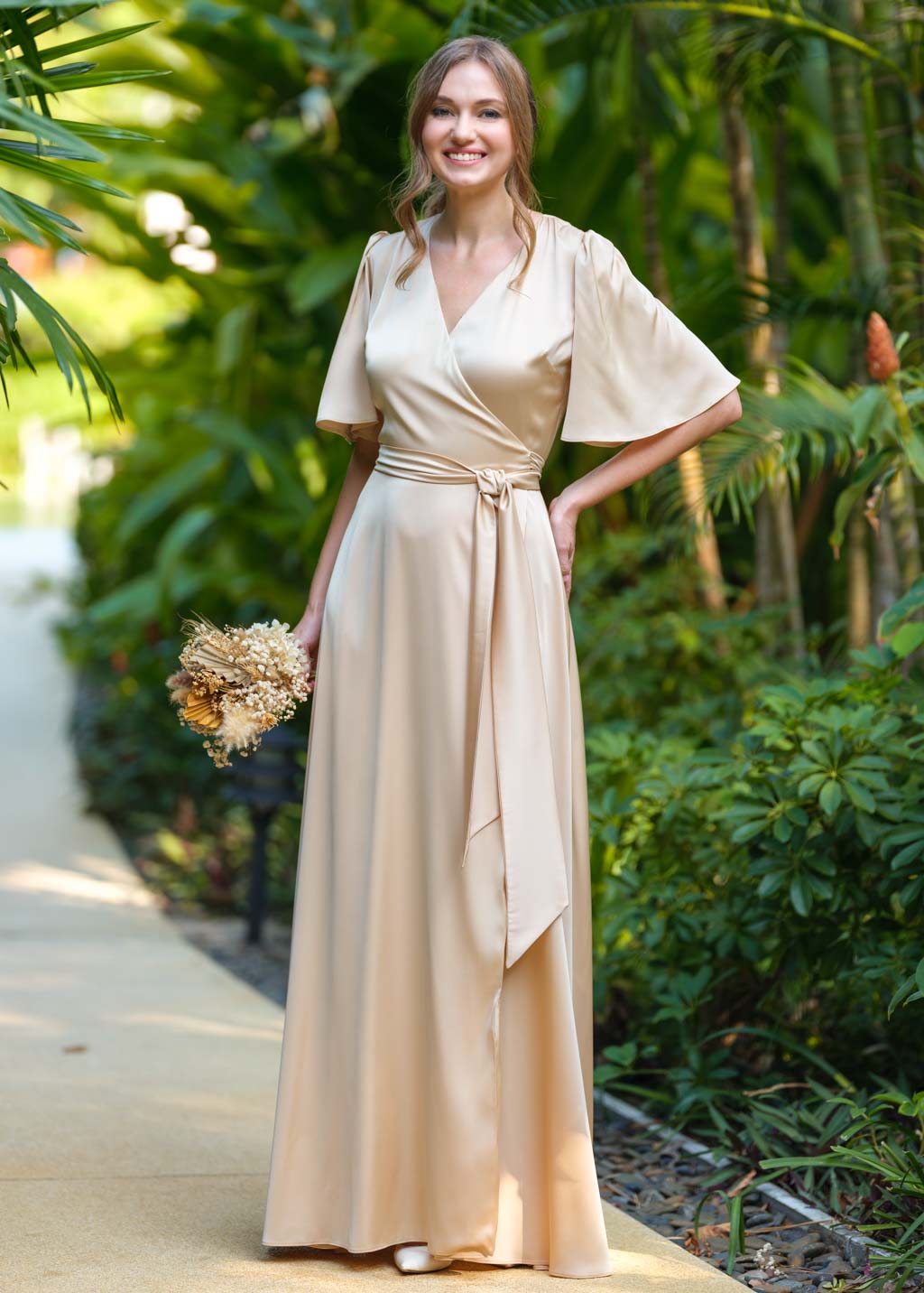 Champagne gold wrap long dress