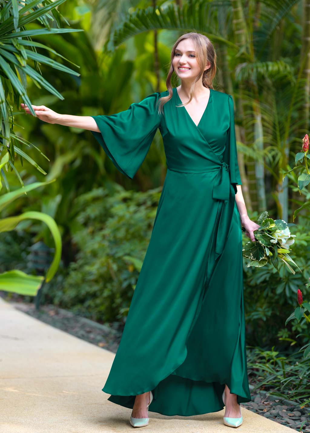 Emerald green silk long wrap dress