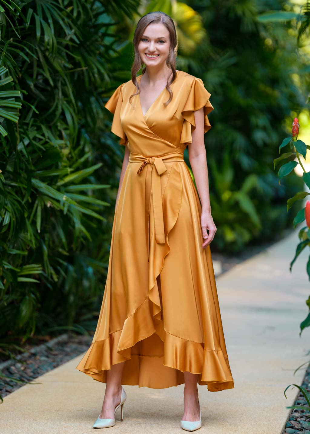 Gold wrap silk dress