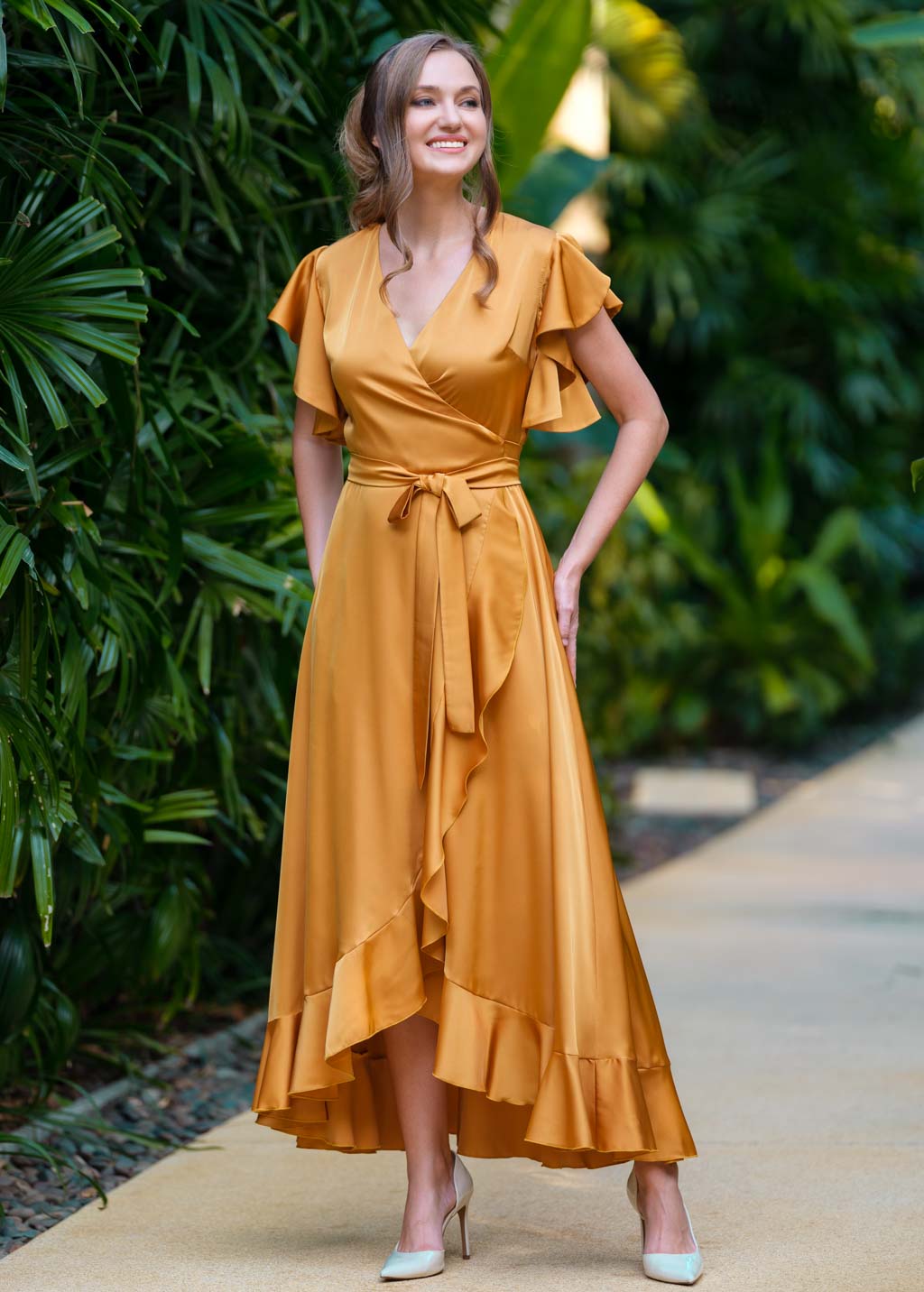 Gold wrap silk dress