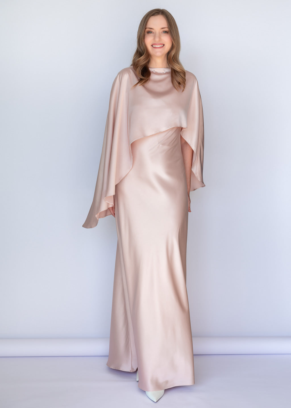 Light Champagne Silk Dress & Detachable Cape