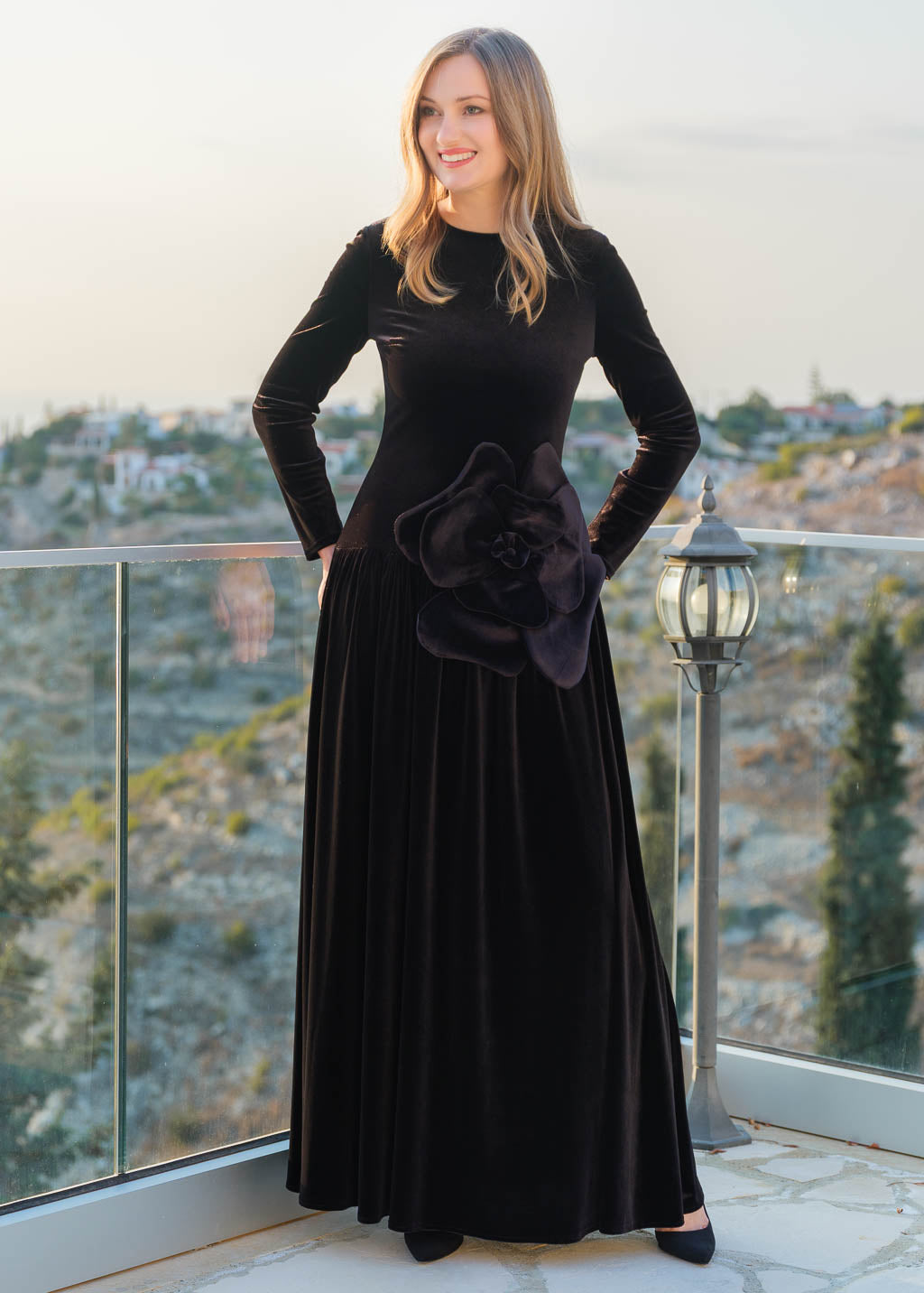 Velvet Maxi Dress with Low Waist & Handmade Flower in Black