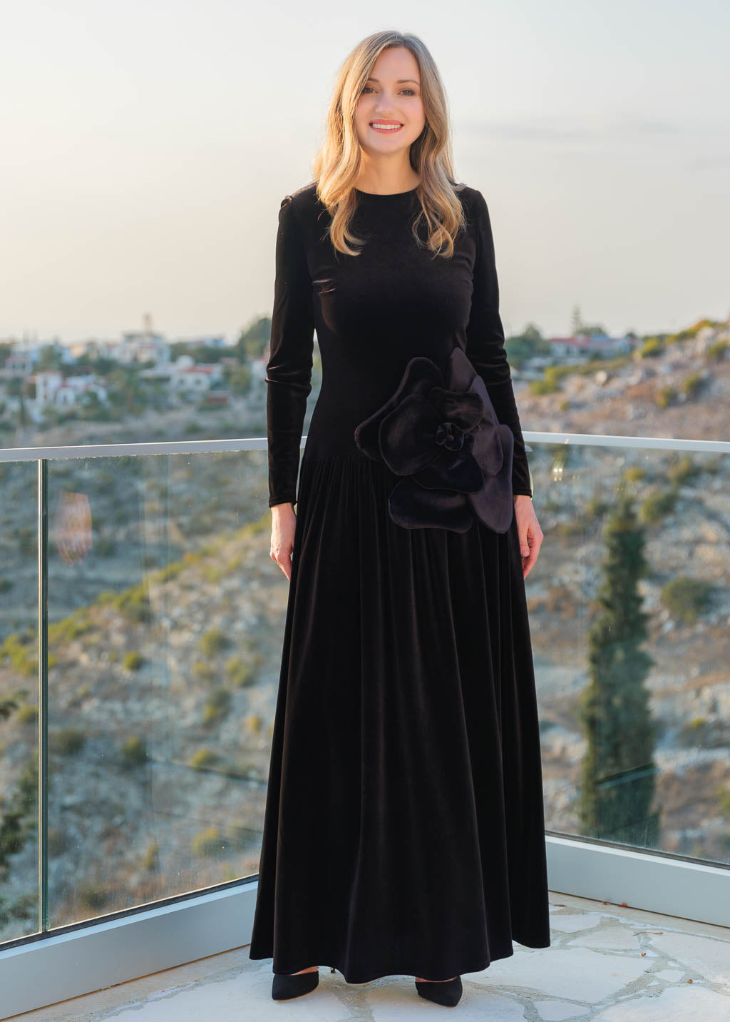 Velvet Maxi Dress with Low Waist & Handmade Flower in Black