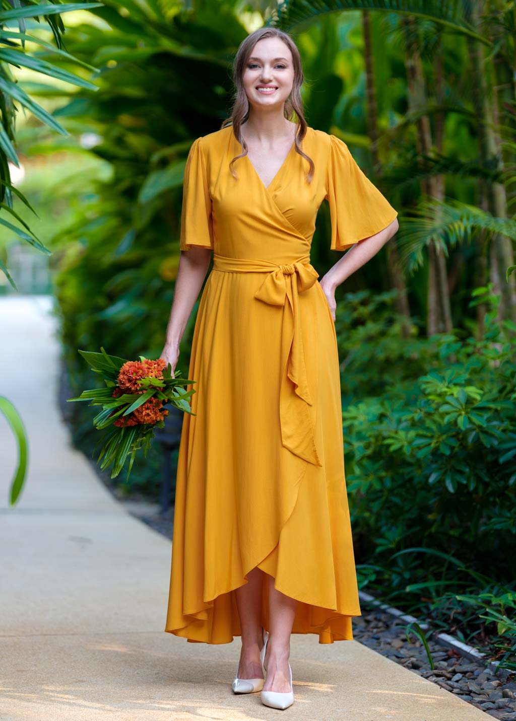 Honey yellow romantic wrap dress