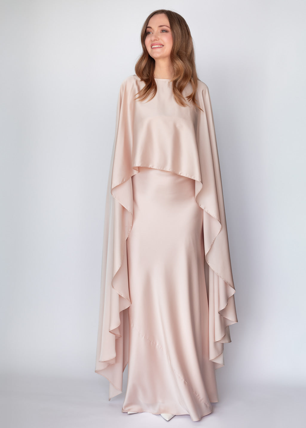 Light Champagne Silk Dress & Detachable Cape