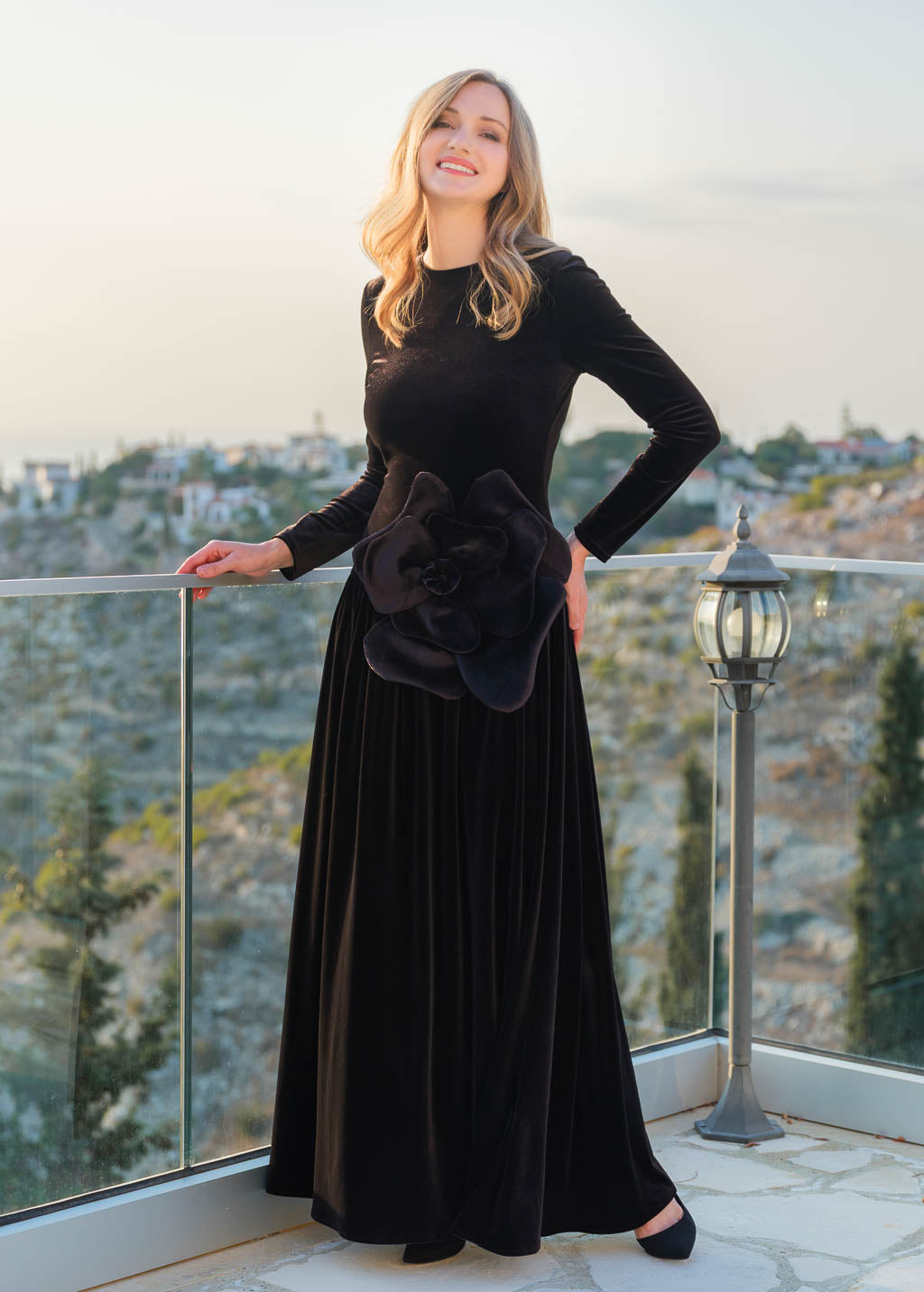 Velvet Maxi Dress with Low Waist & Handmade Flower in Black