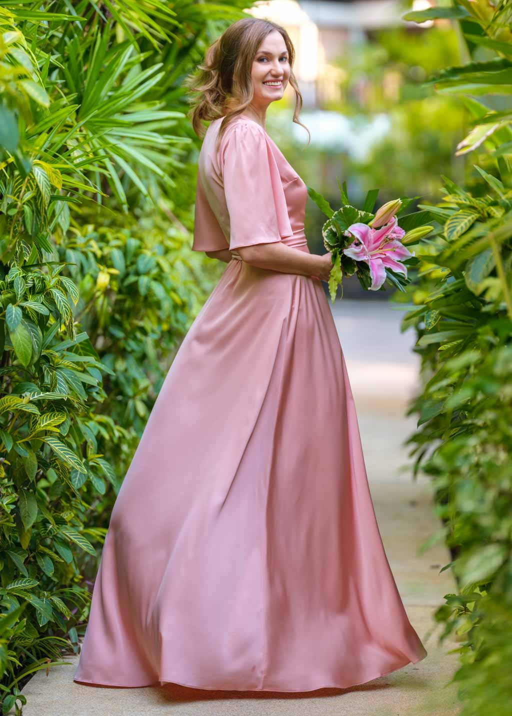 Blush pink wrap long silk dress