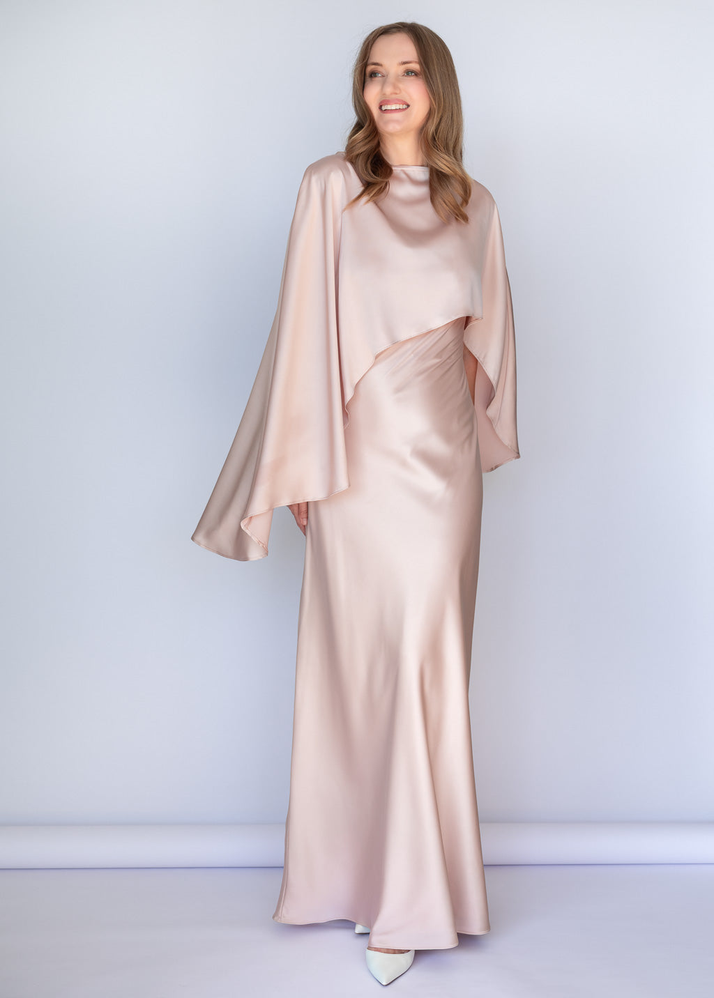 Light Champagne Silk Dress & Detachable Cape