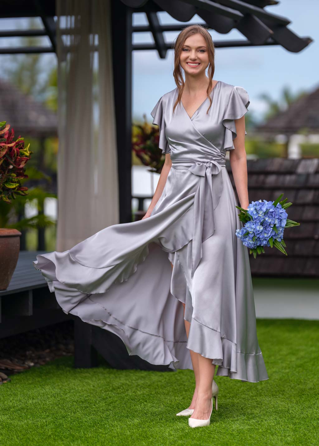 Silver Grey wrap silk dress