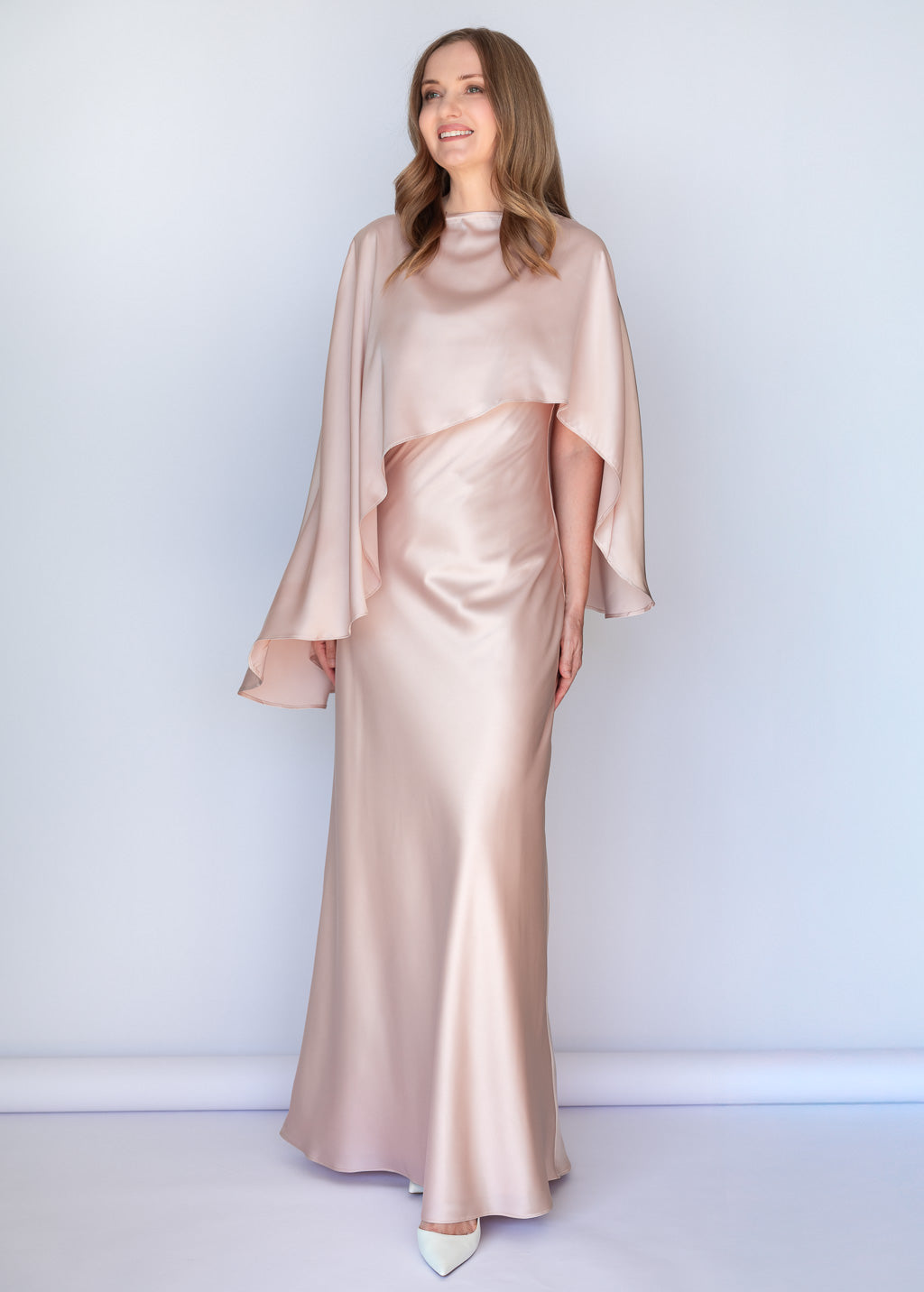 Light Champagne Silk Dress & Detachable Cape