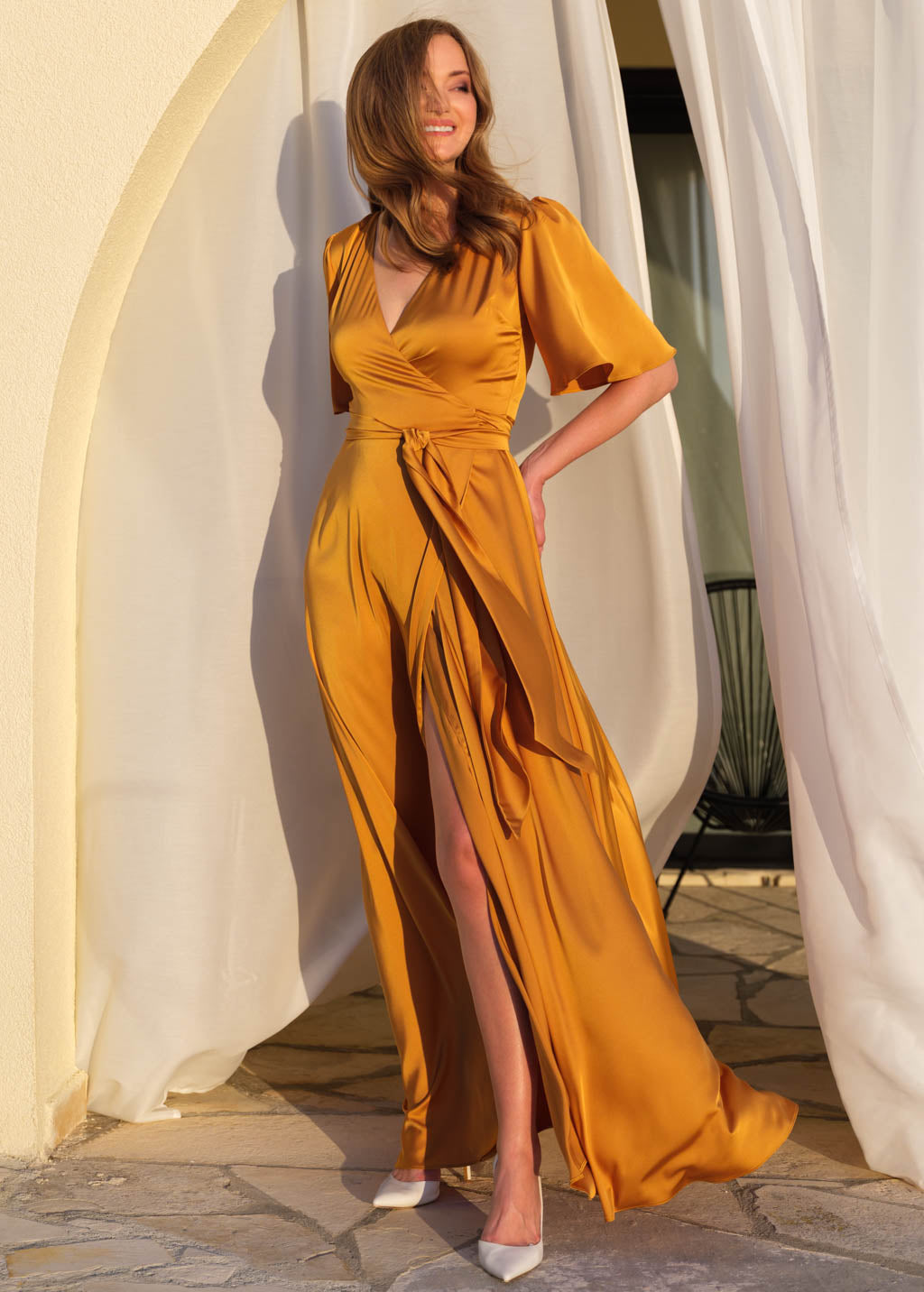 Silk gold wrap dress