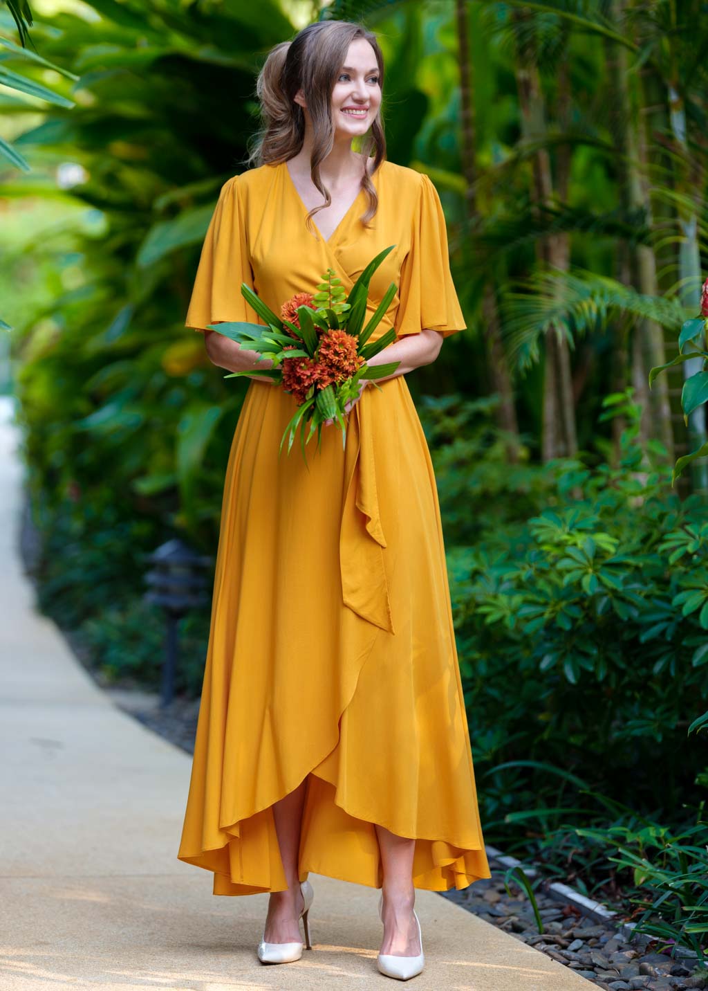 Honey yellow romantic wrap dress