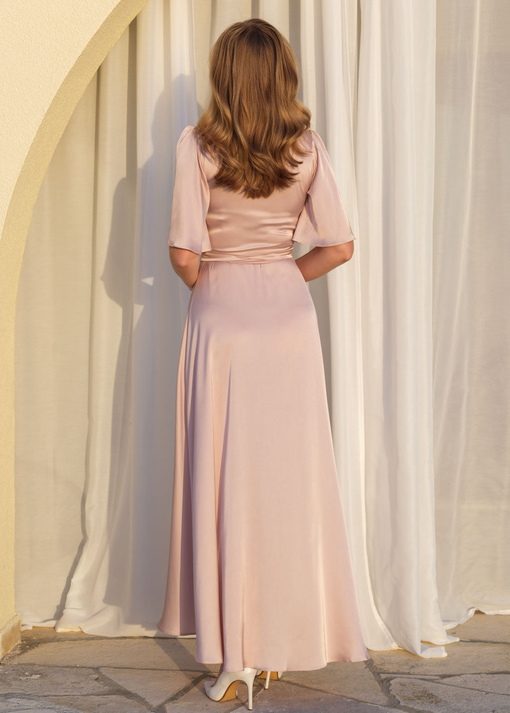 Champagne beige silk long wrap dress
