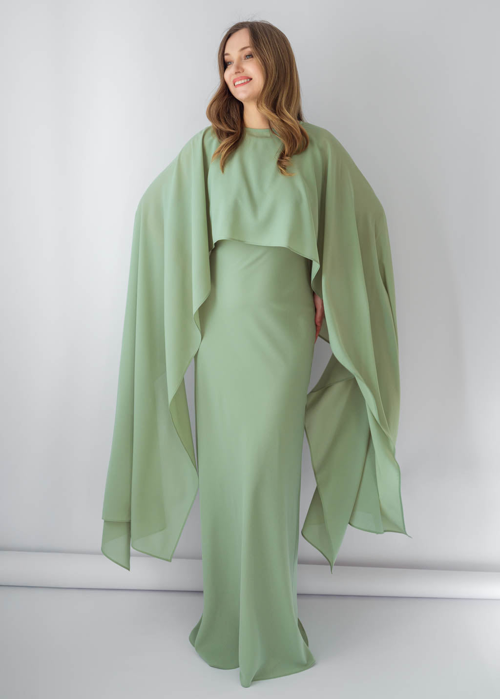 Sage Green Chiffon Long Dress with Cape