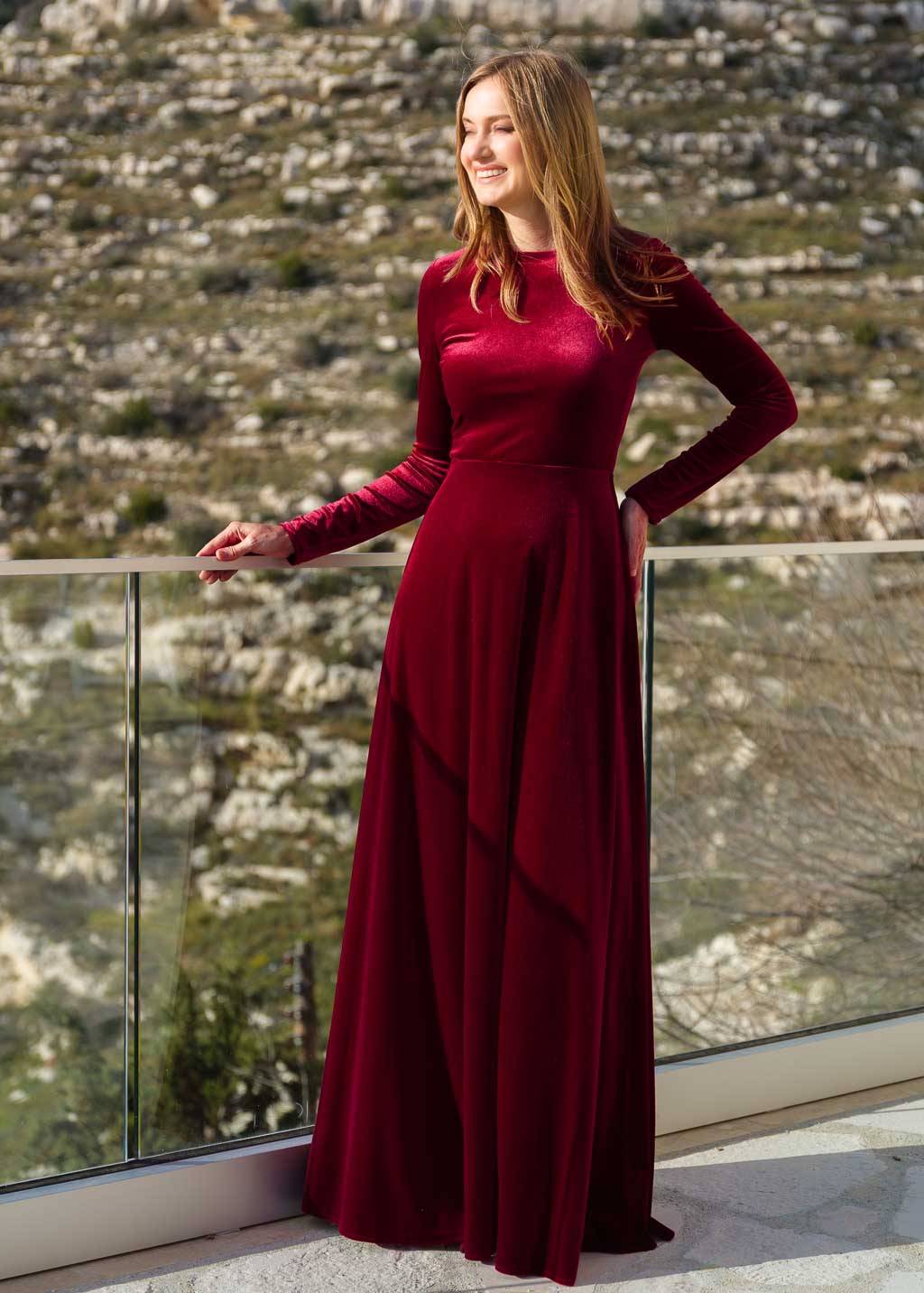 Burgundy velvet long sleeve maxi dress