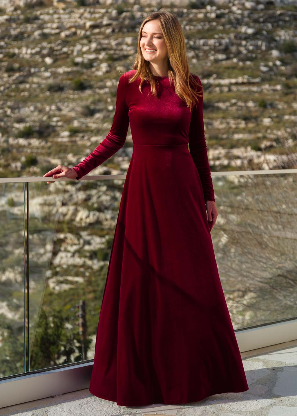 Burgundy velvet long sleeve maxi dress