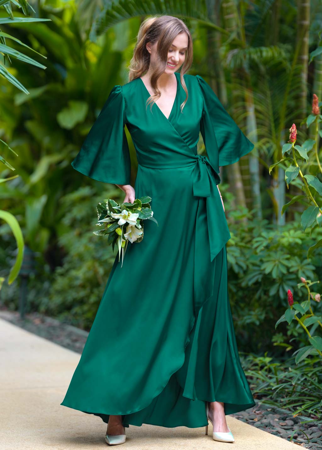 Emerald green silk long wrap dress
