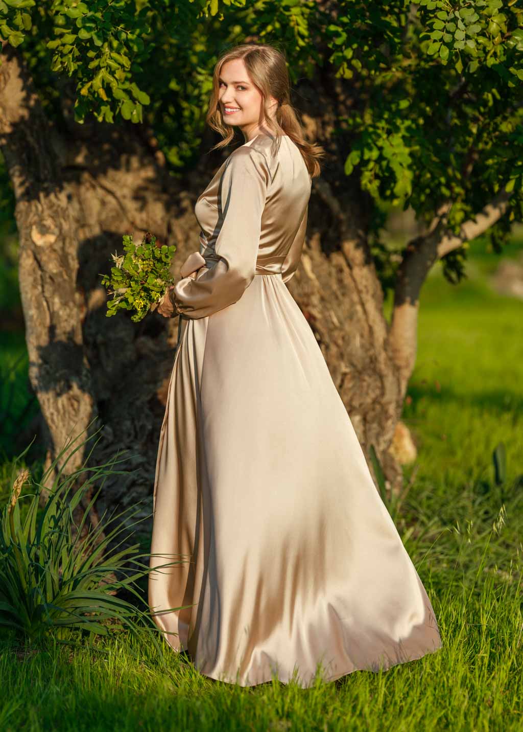 Champagne gold long silk wrap dress