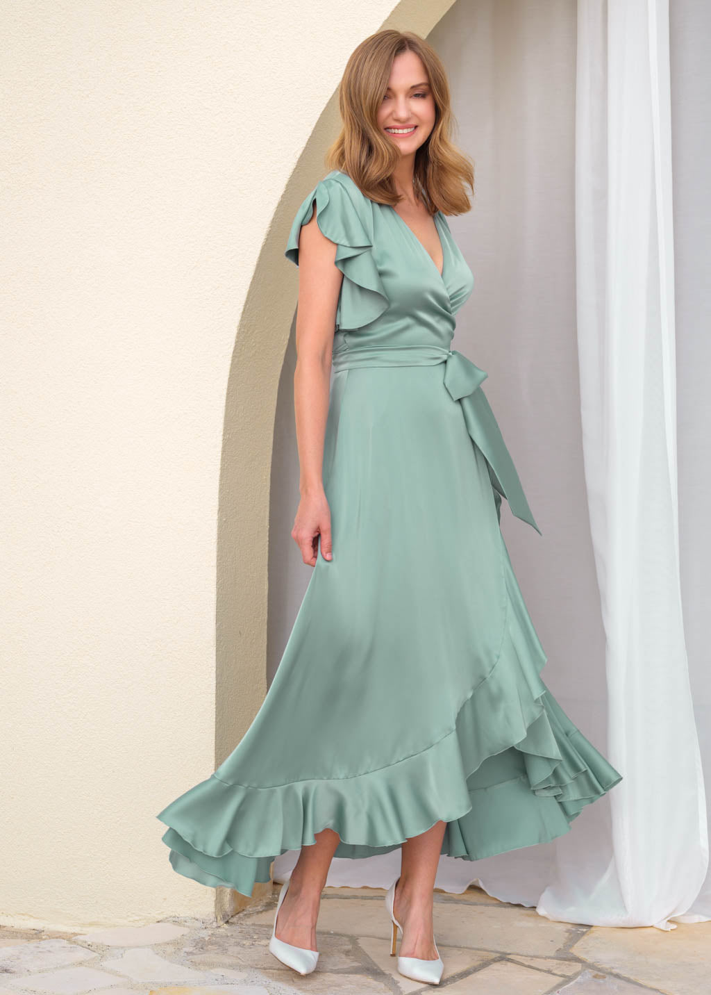 Sage green wrap silk ruffle dress
