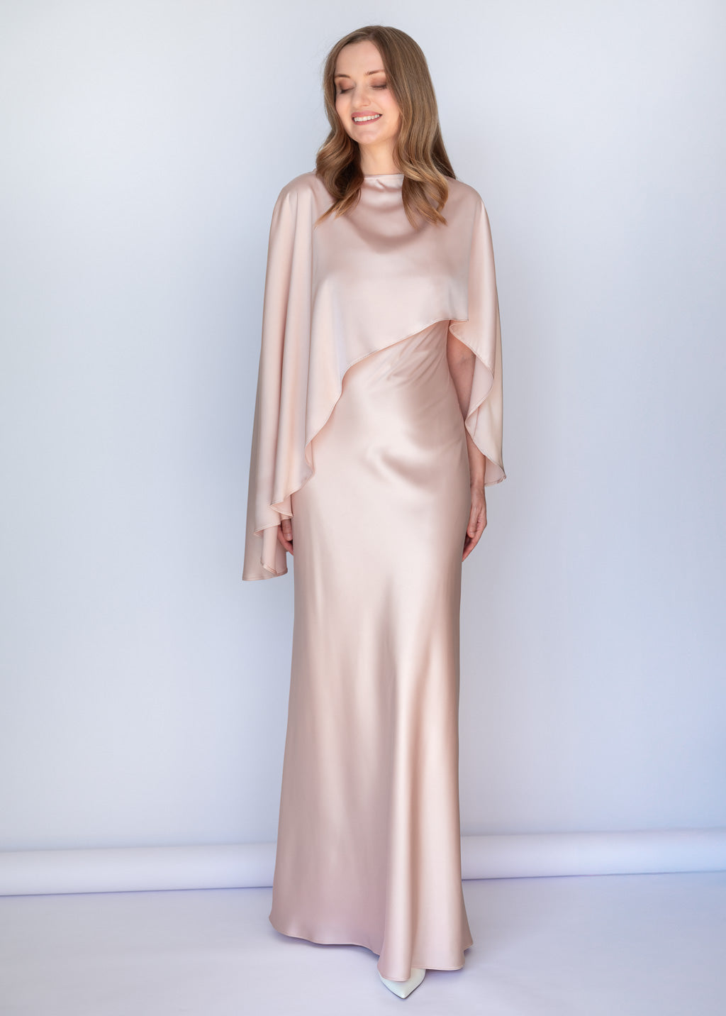 Light Champagne Silk Dress & Detachable Cape