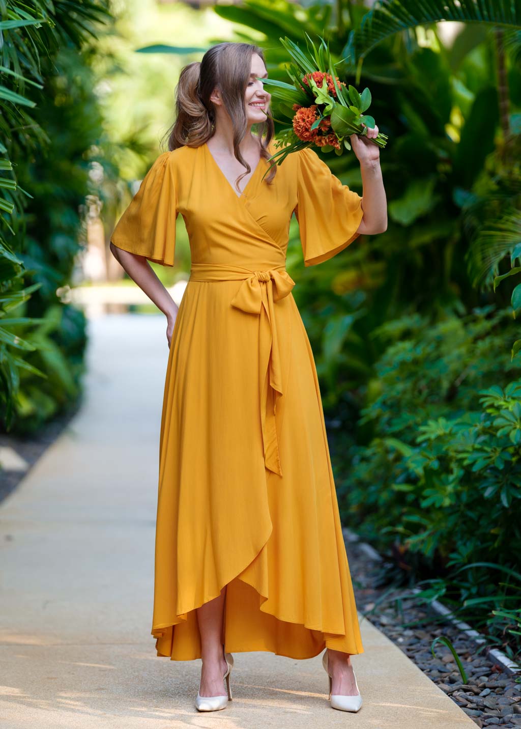 Honey yellow romantic wrap dress