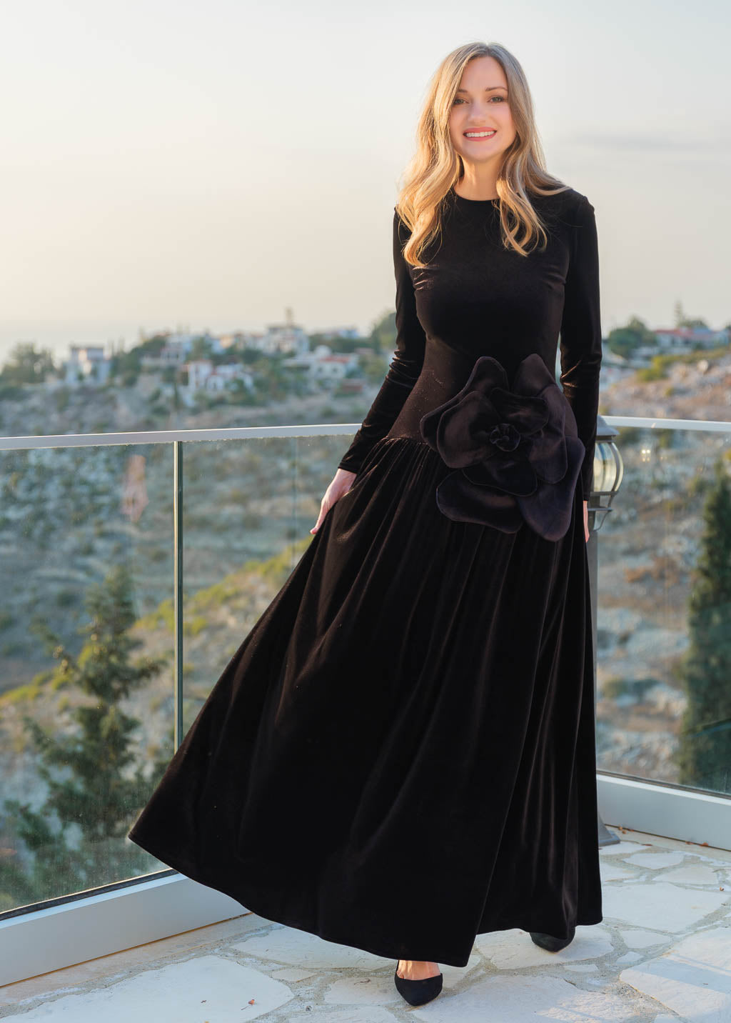 Velvet Maxi Dress with Low Waist & Handmade Flower in Black