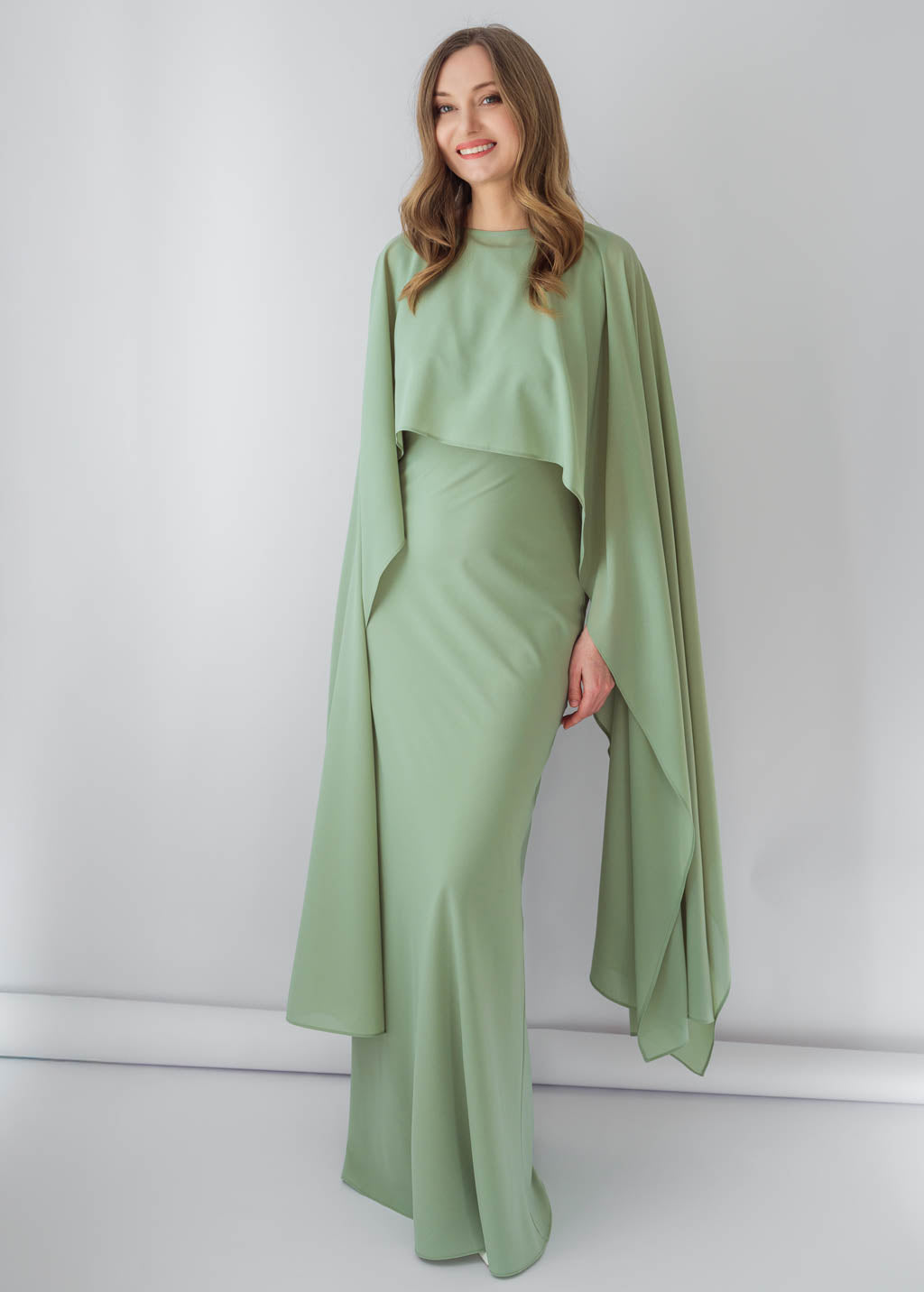 Sage Green Chiffon Long Dress with Cape