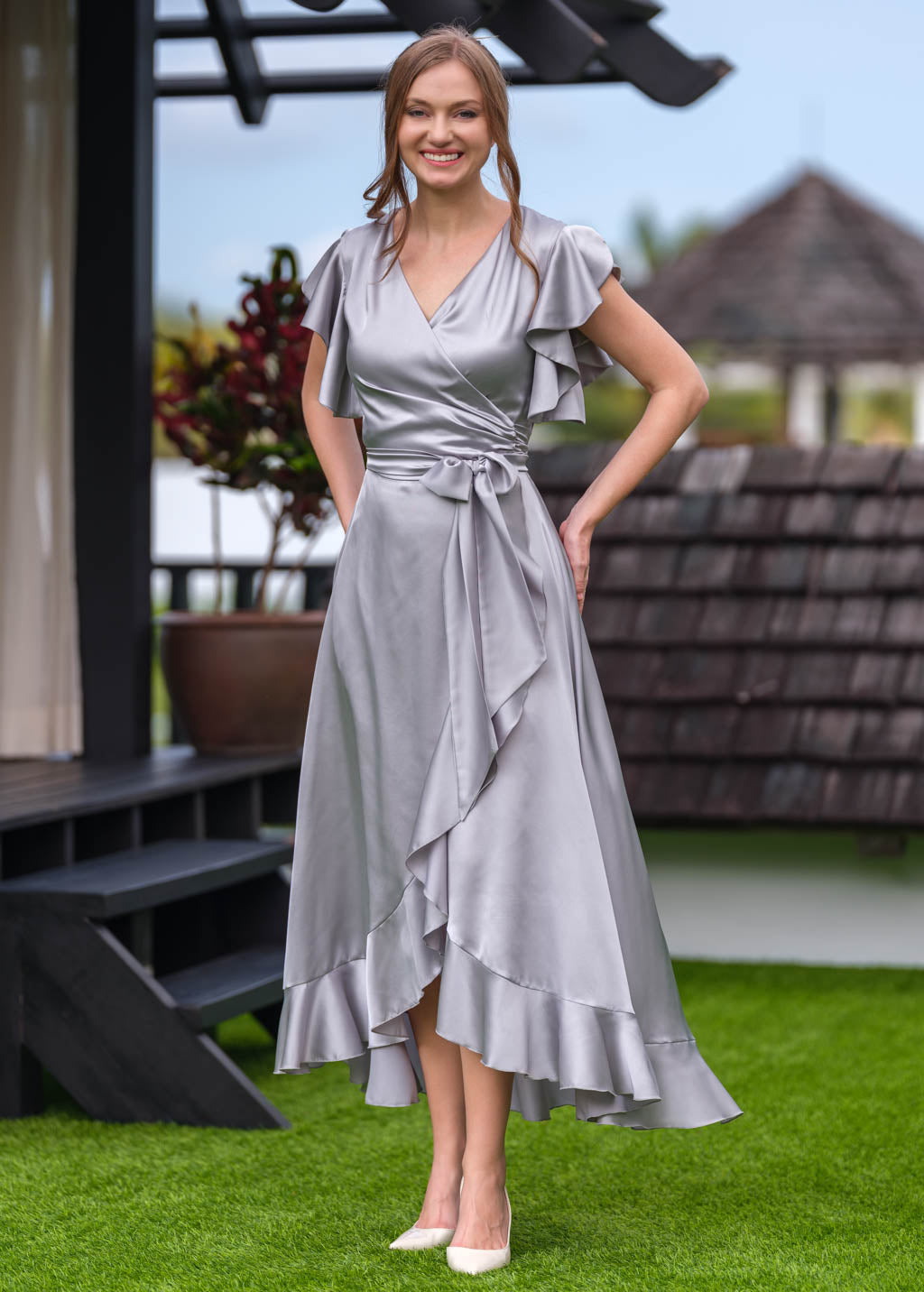 Silver Grey wrap silk dress