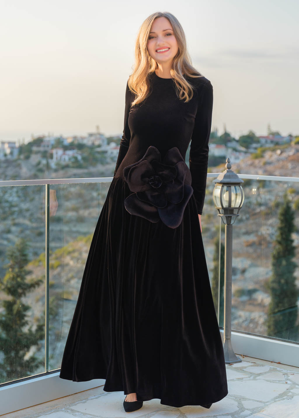 Velvet Maxi Dress with Low Waist & Handmade Flower in Black