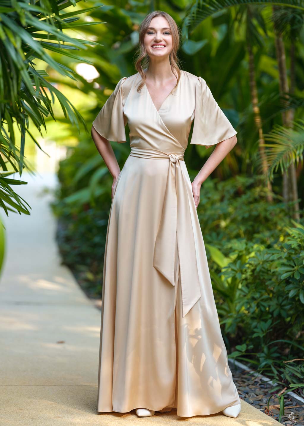 Champagne gold wrap long dress