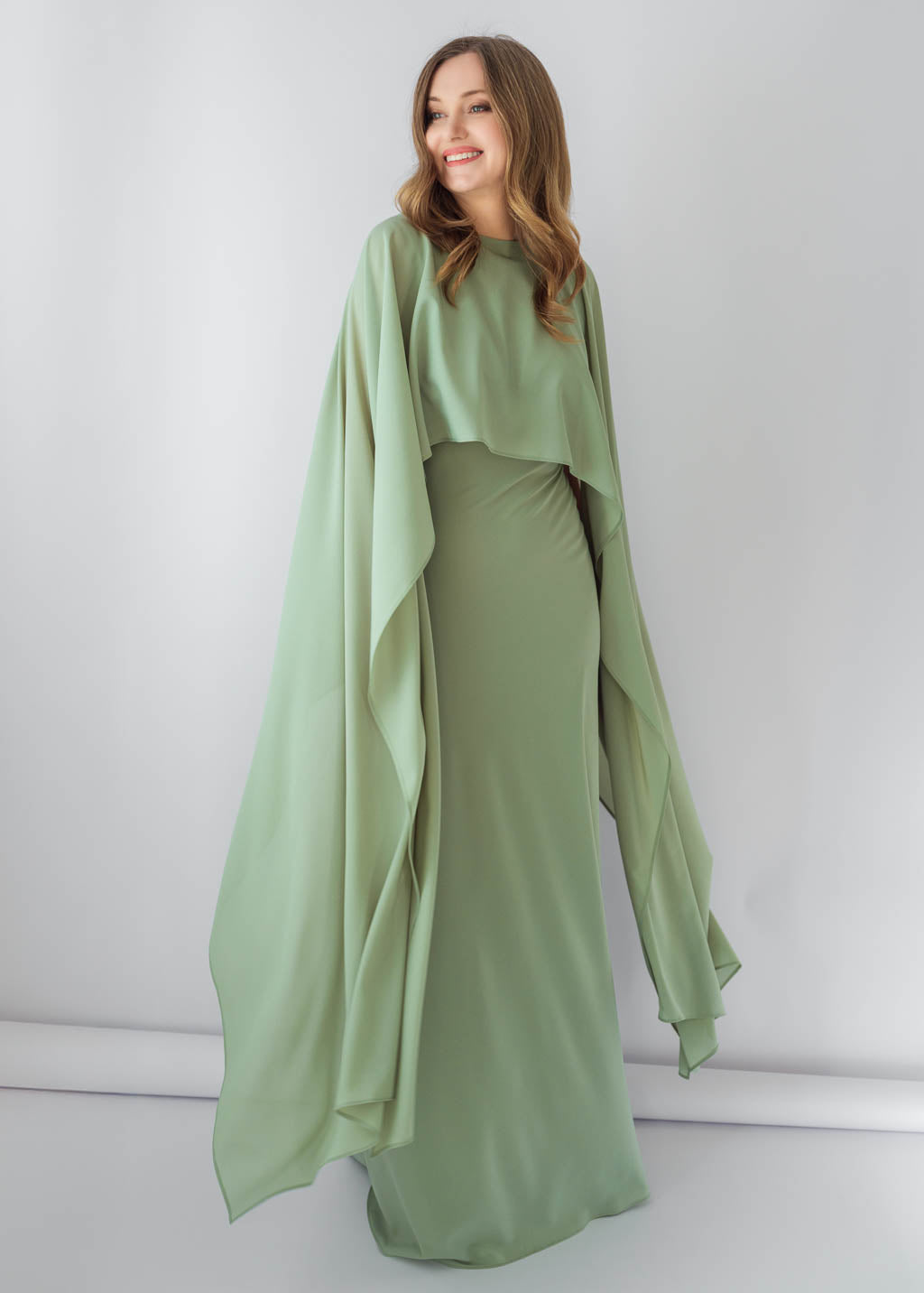 Sage Green Chiffon Long Dress with Cape