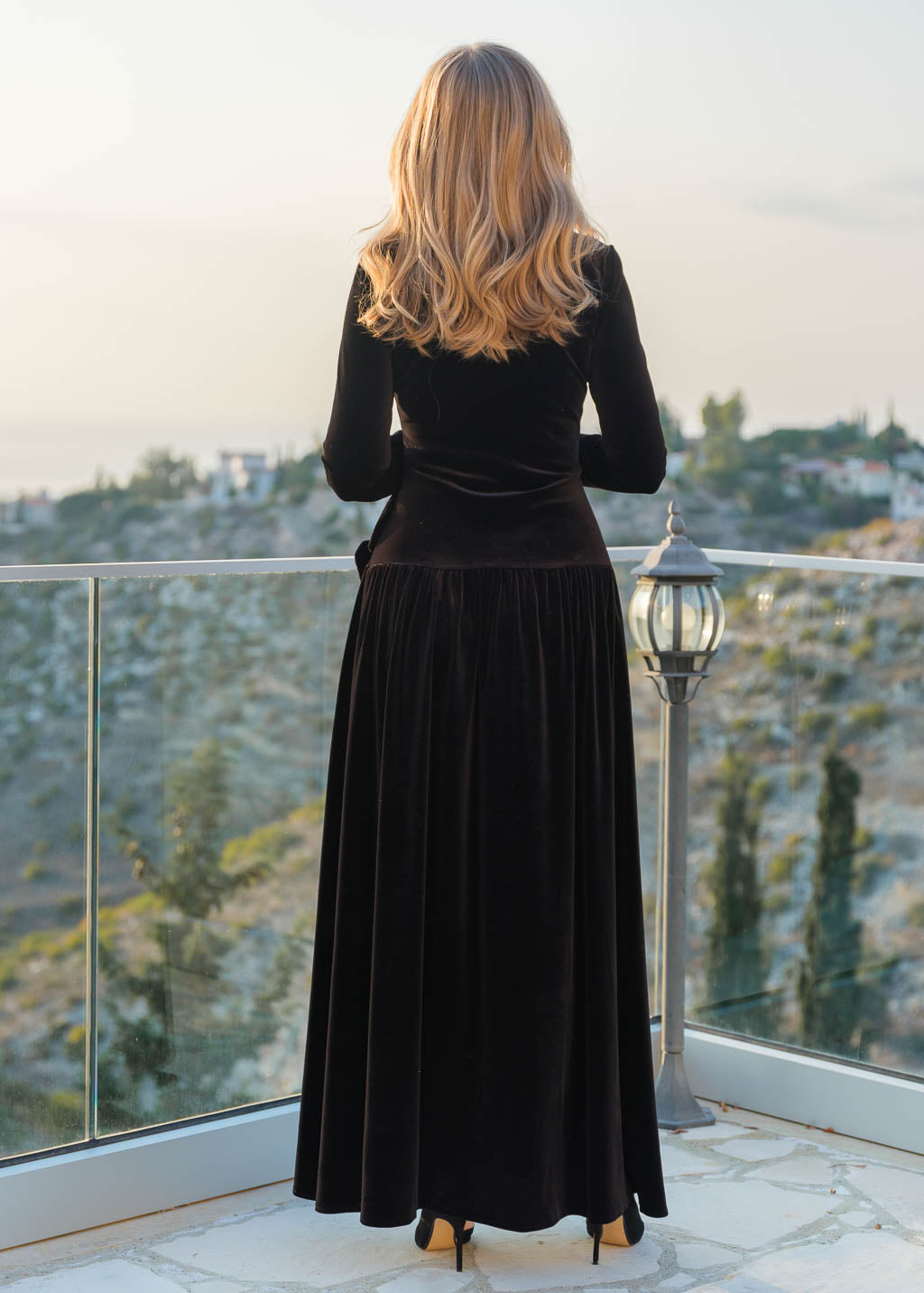 Velvet Maxi Dress with Low Waist & Handmade Flower in Black
