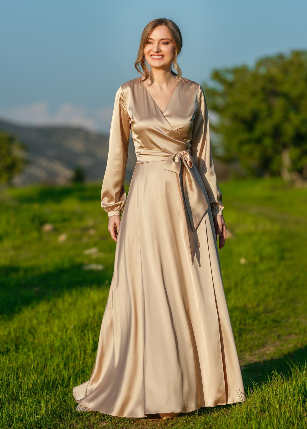 Champagne gold long silk wrap dress