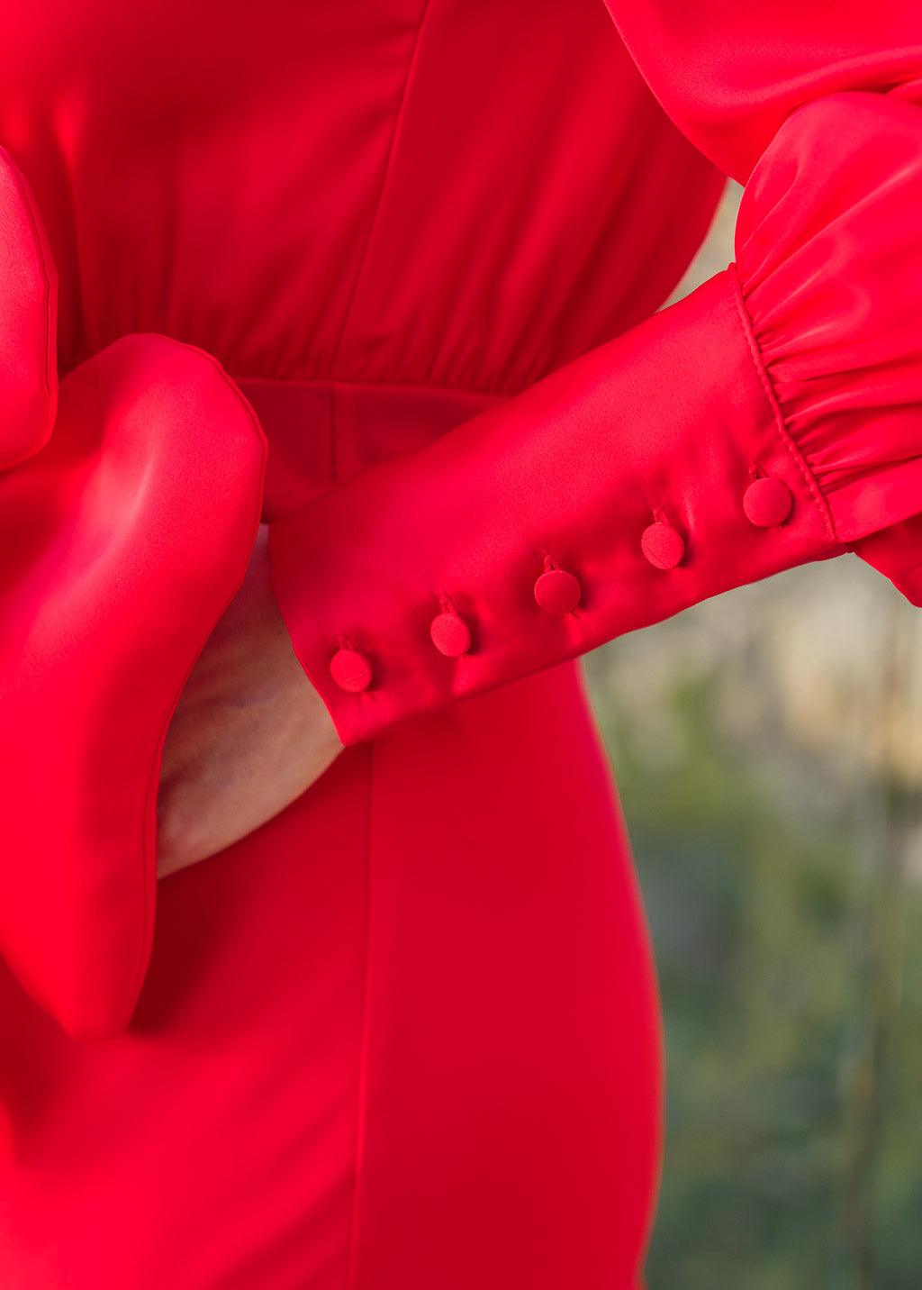 Red Silk Maxi Dress with Slit & Detachable Silk Flower