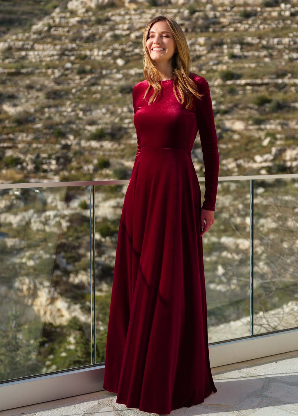 Burgundy velvet long sleeve maxi dress