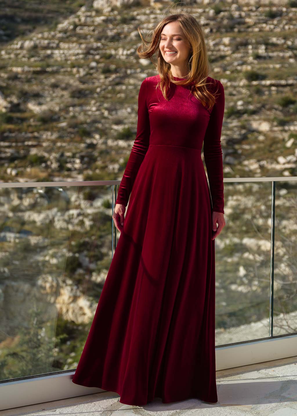 Burgundy velvet long sleeve maxi dress