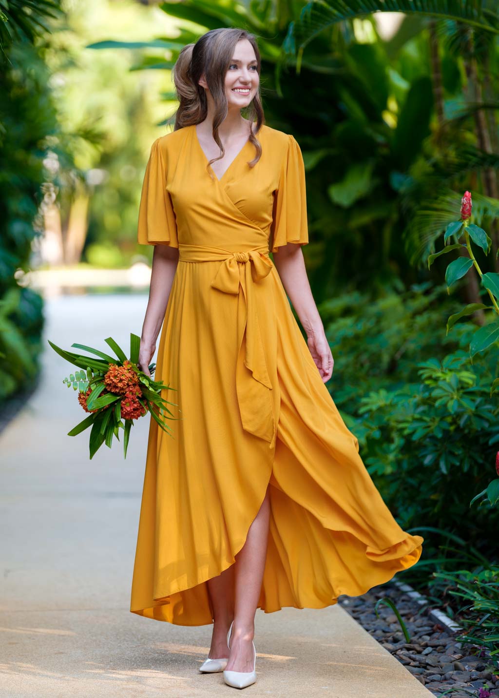 Honey yellow romantic wrap dress