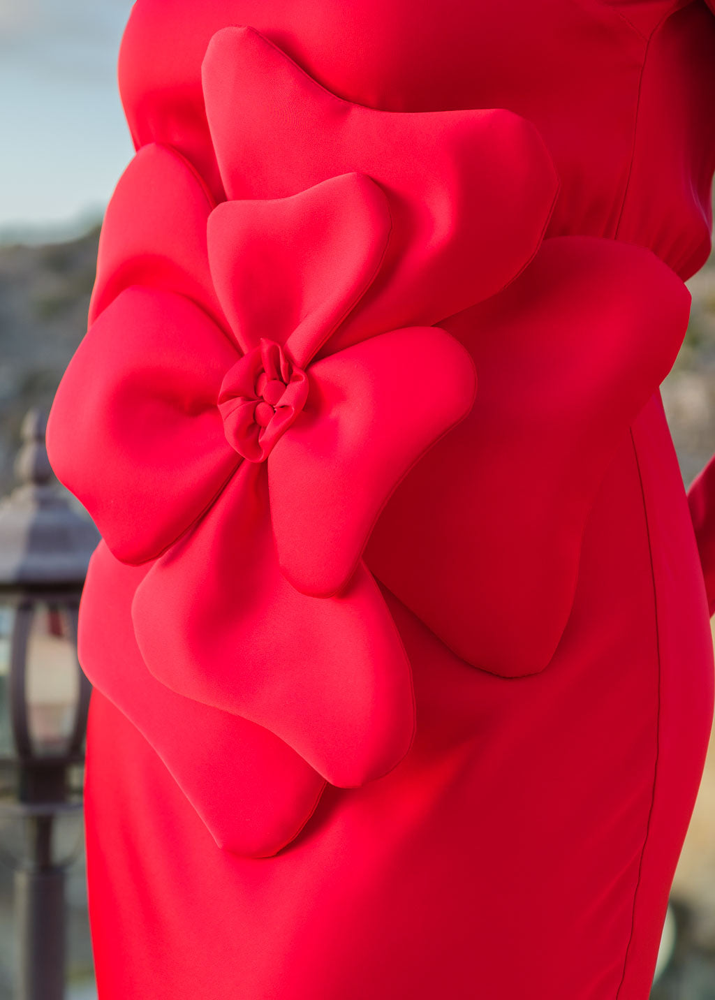 Red Silk Maxi Dress with Slit & Detachable Silk Flower