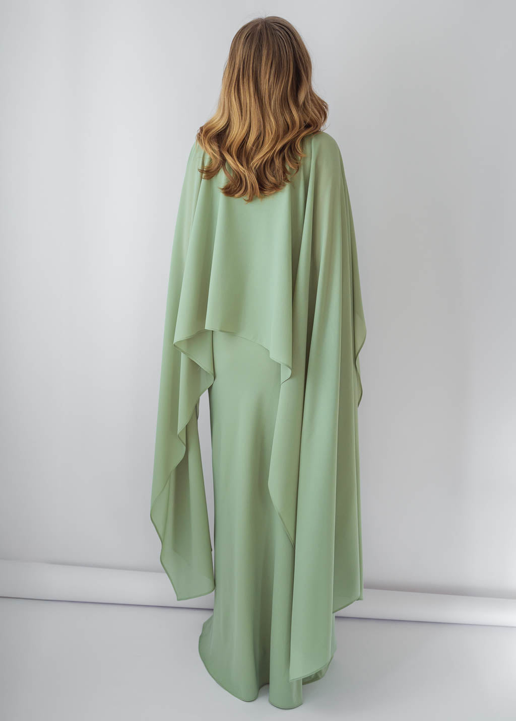 Sage Green Chiffon Long Dress with Cape