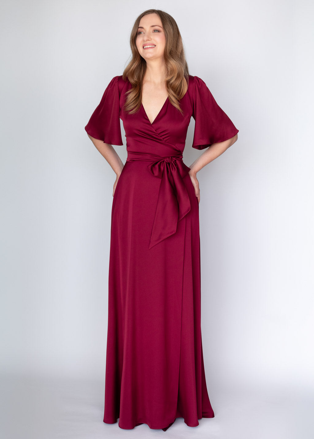 Burgundy Silk Wrap Long Dress