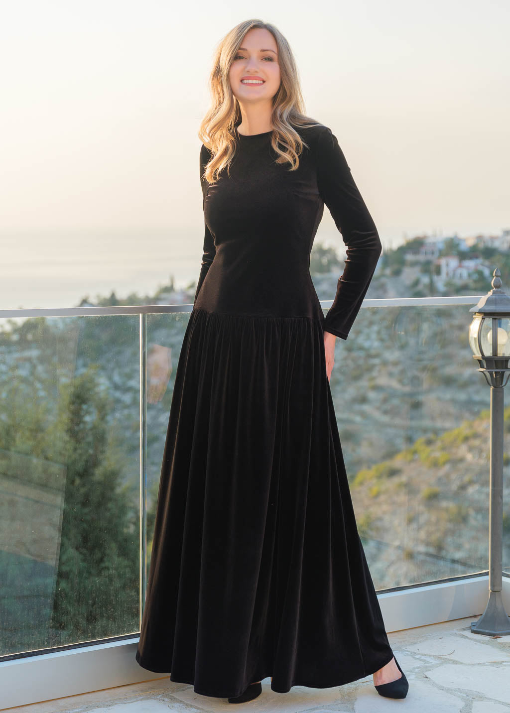 Velvet Maxi Dress with Low Waist & Handmade Flower in Black