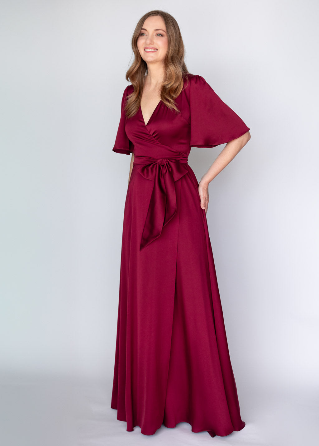 Burgundy Silk Wrap Long Dress